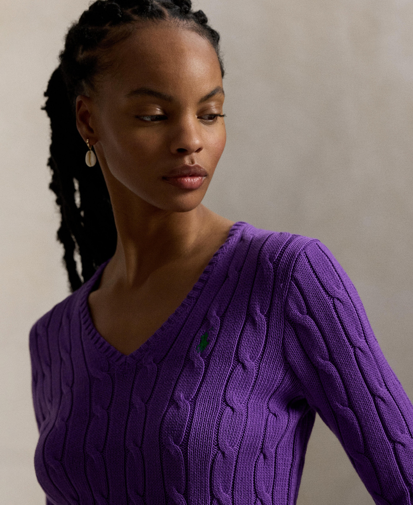 Polo Ralph Lauren Women's Cable-Knit Cotton V-Neck Sweater - Magenta
