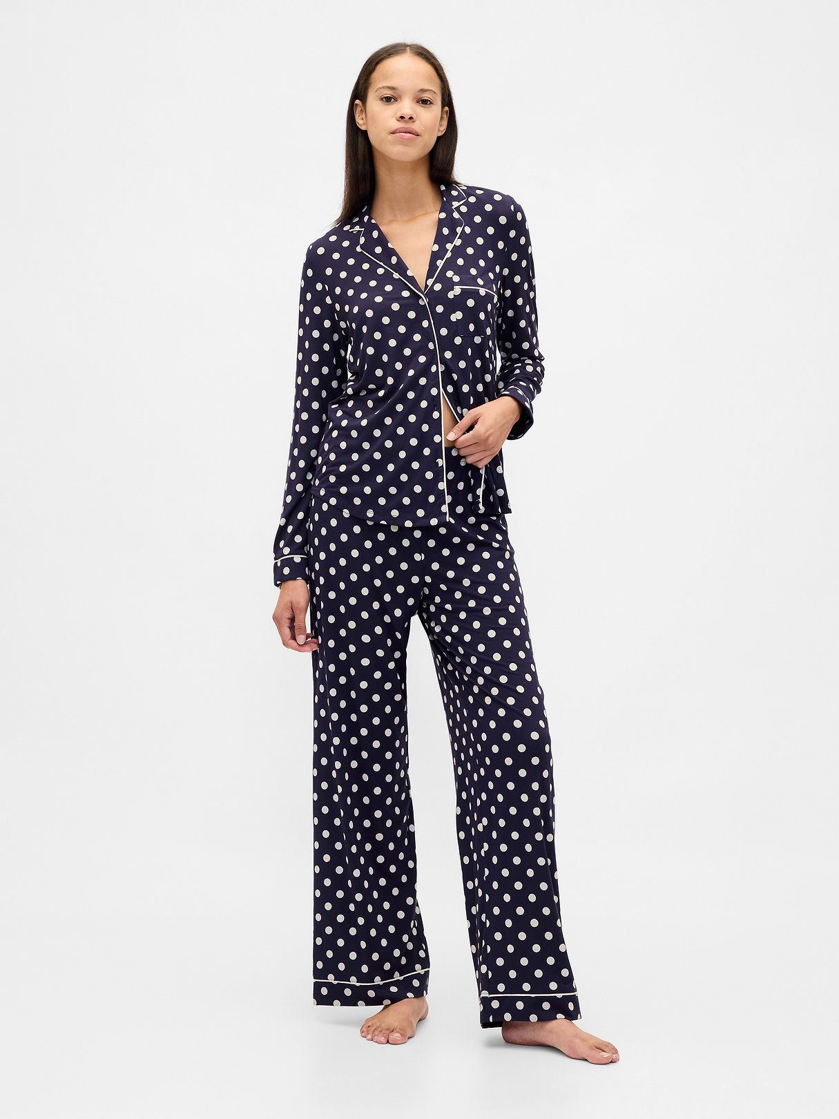 SoftMade Modal PJ Top - Navy blue & white polka dot