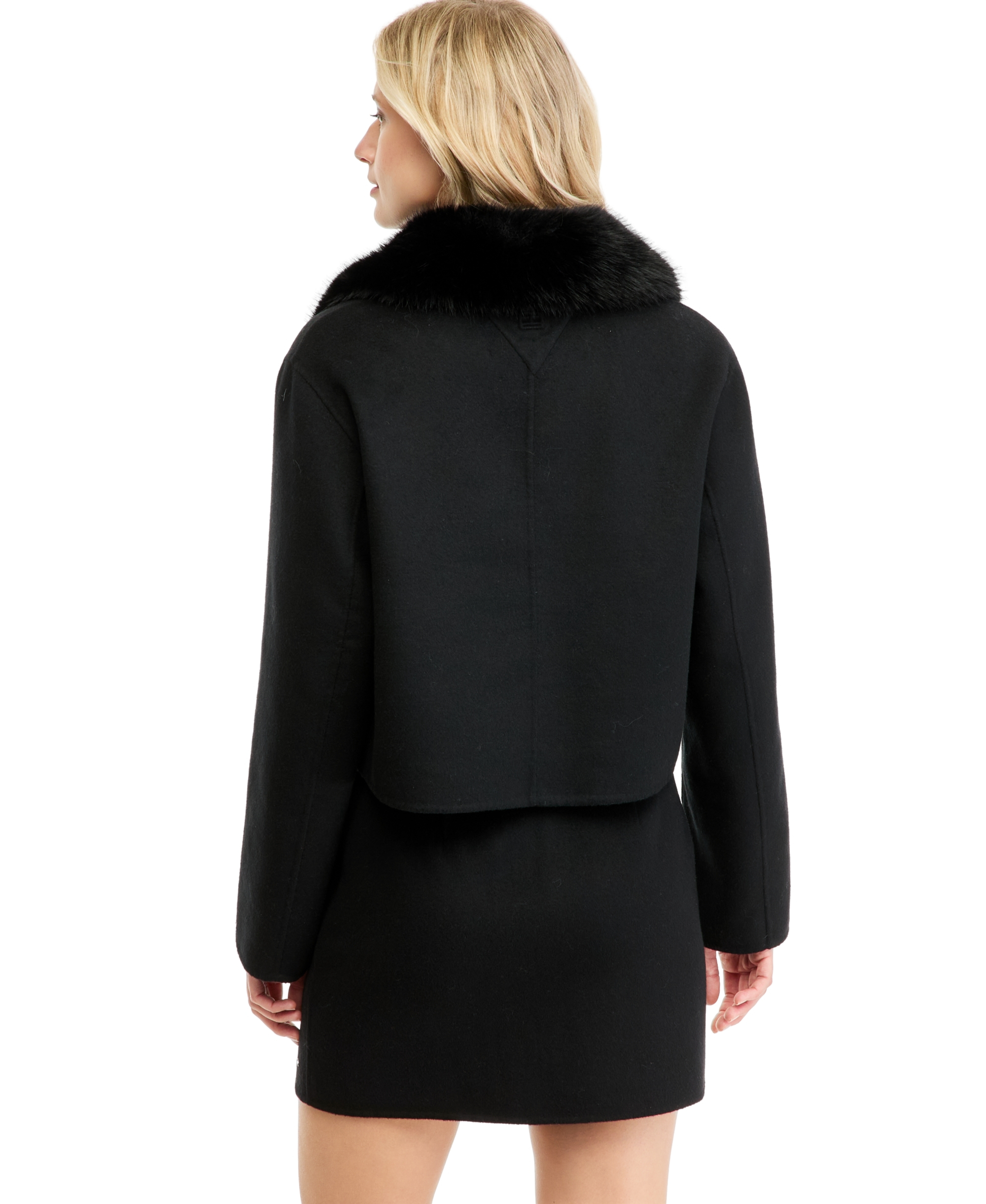 Tommy Hilfiger Women's Wool-Blend Cropped Jacket with Faux Fur - Black
