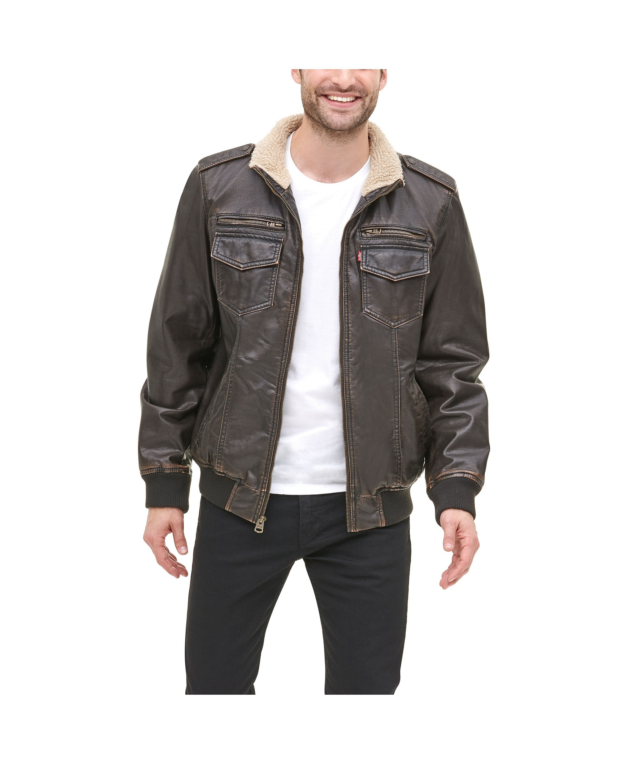 Levi's Men's Sherpa Lined Faux Leather Aviator Bomber - Dark Brown