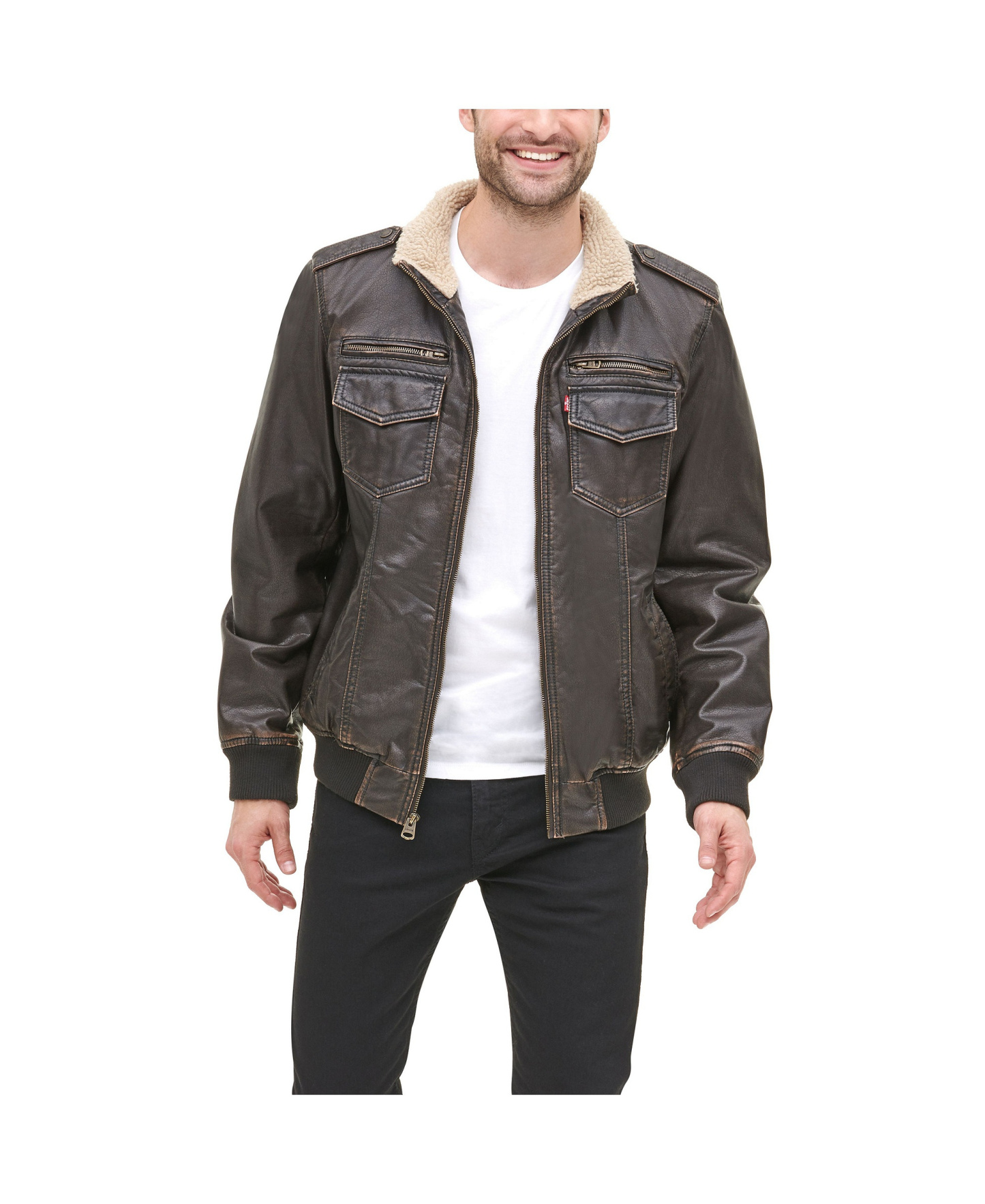 Levi's Men's Sherpa Lined Faux Leather Aviator Bomber - Dark Brown