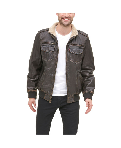 Levi's Men's Sherpa Lined Faux Leather Aviator Bomber - Dark Brown