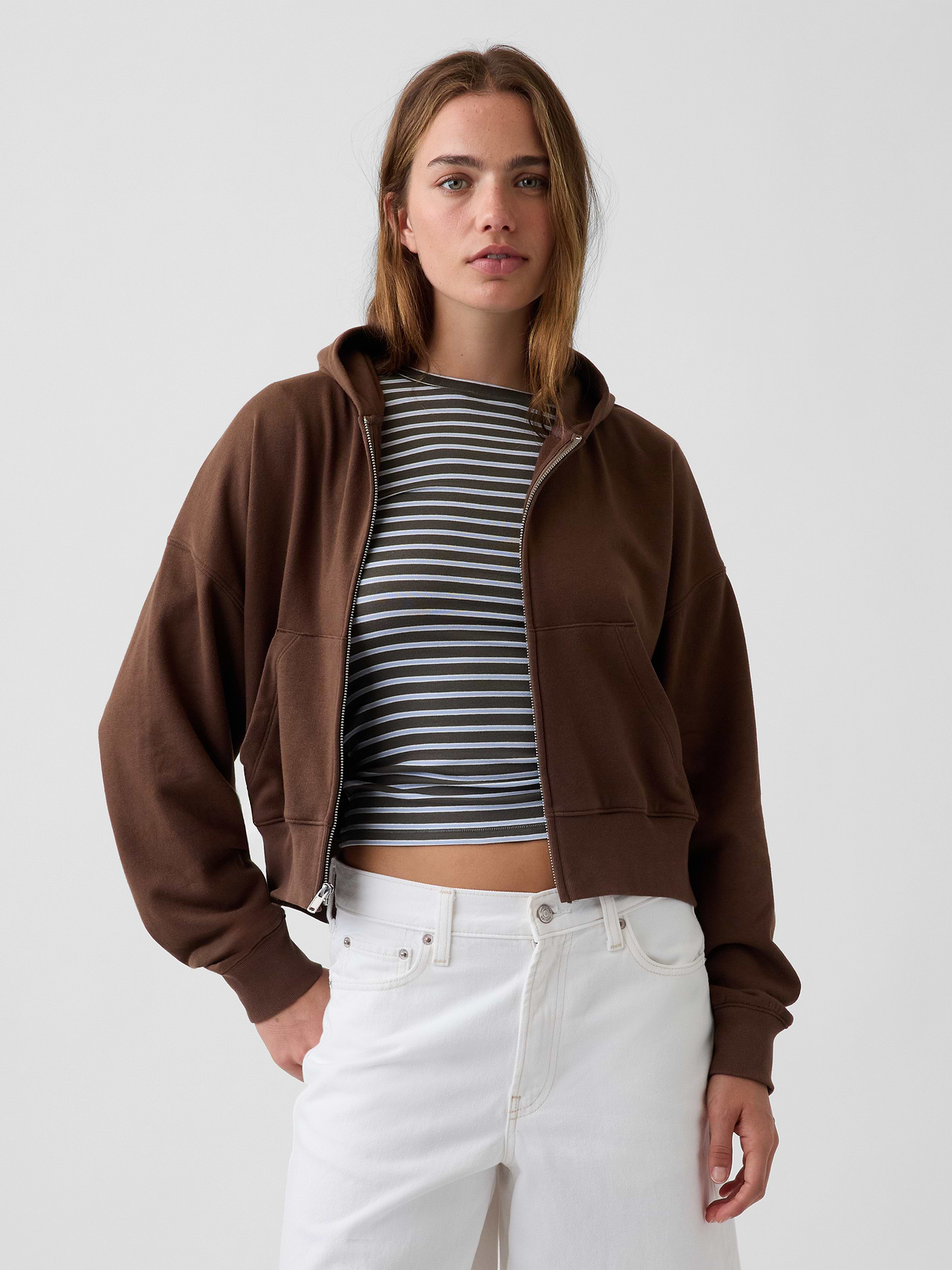 VintageSoft Terry Oversized Wedge Zip Hoodie - Brown