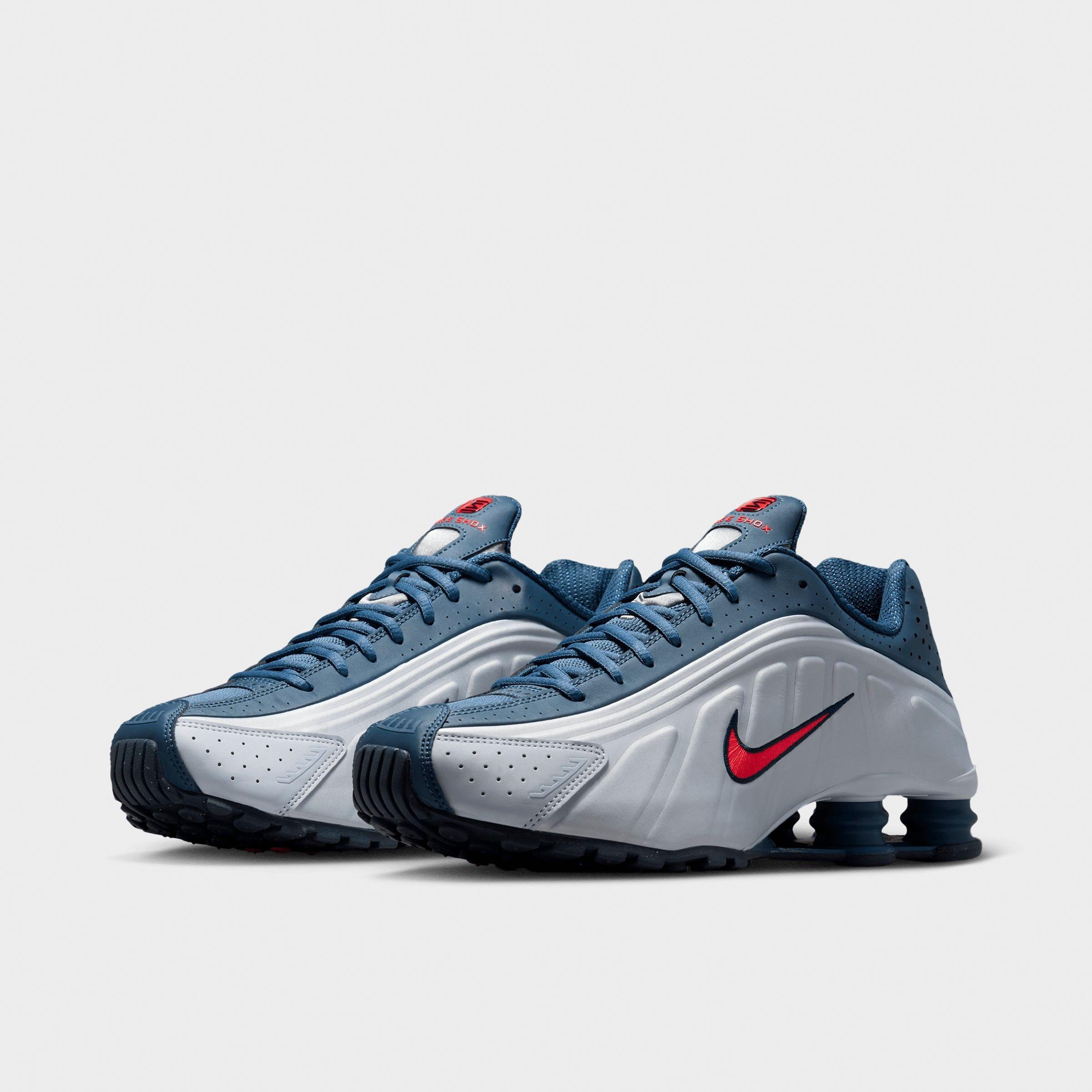 Men's Nithtke Shox R4 Casual Shoes - Football Grey/New Slate/Blue Eclipse/Bright Crimson - Both shoes facing left