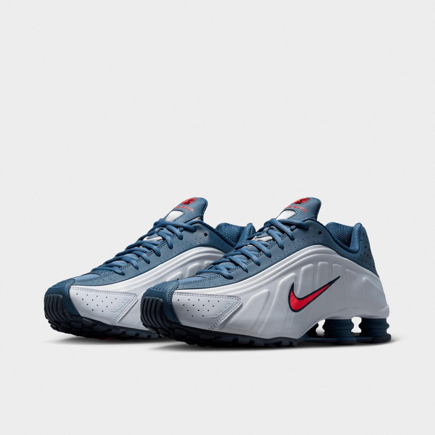 Men's Nithtke Shox R4 Casual Shoes - Football Grey/New Slate/Blue Eclipse/Bright Crimson - Both shoes facing left