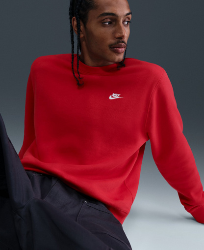 Nike Men's Club Fleece Crewneck Logo Sweatshirt - University Red/White