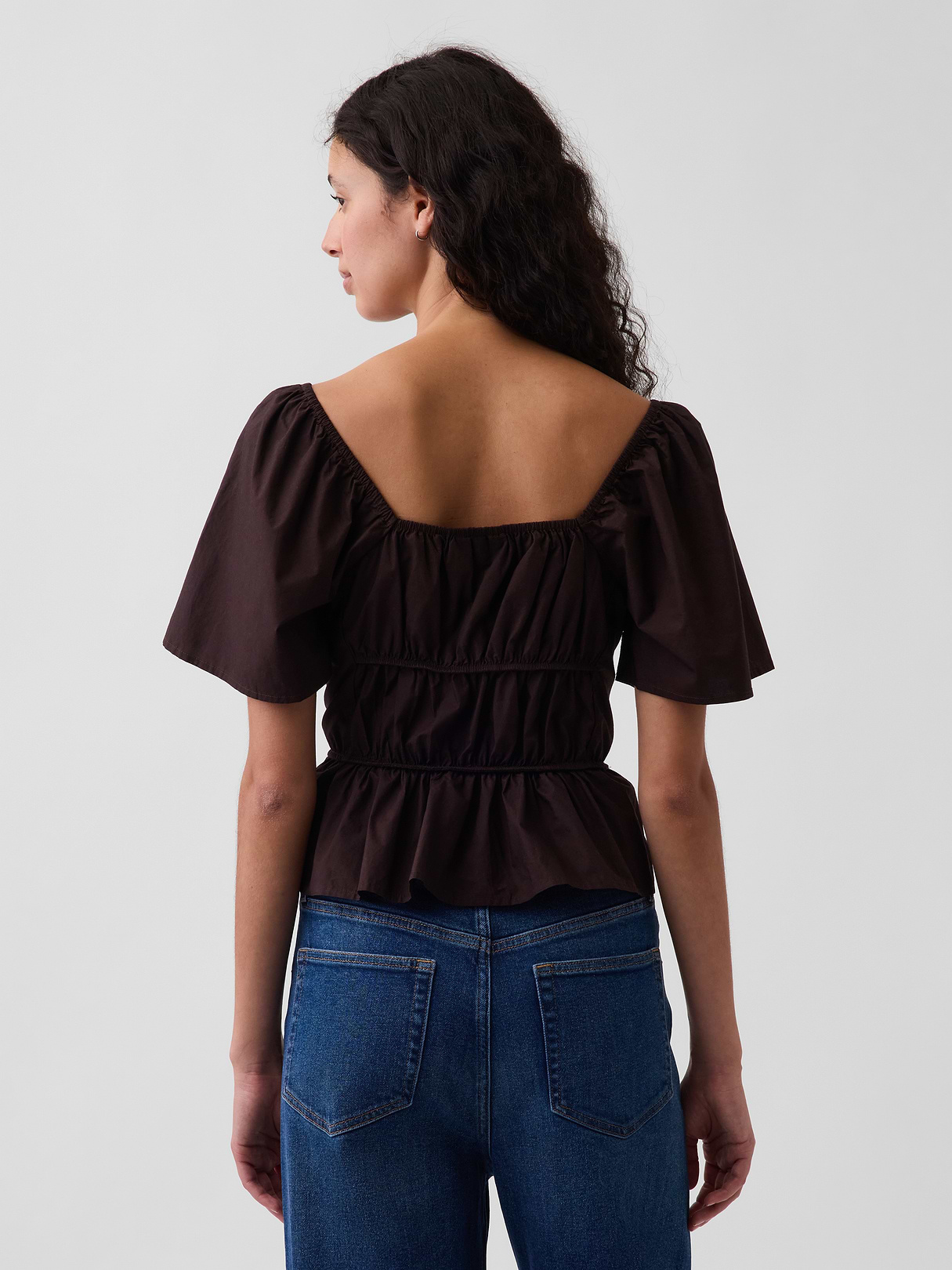 Square-Neck Peplum Top - Brown