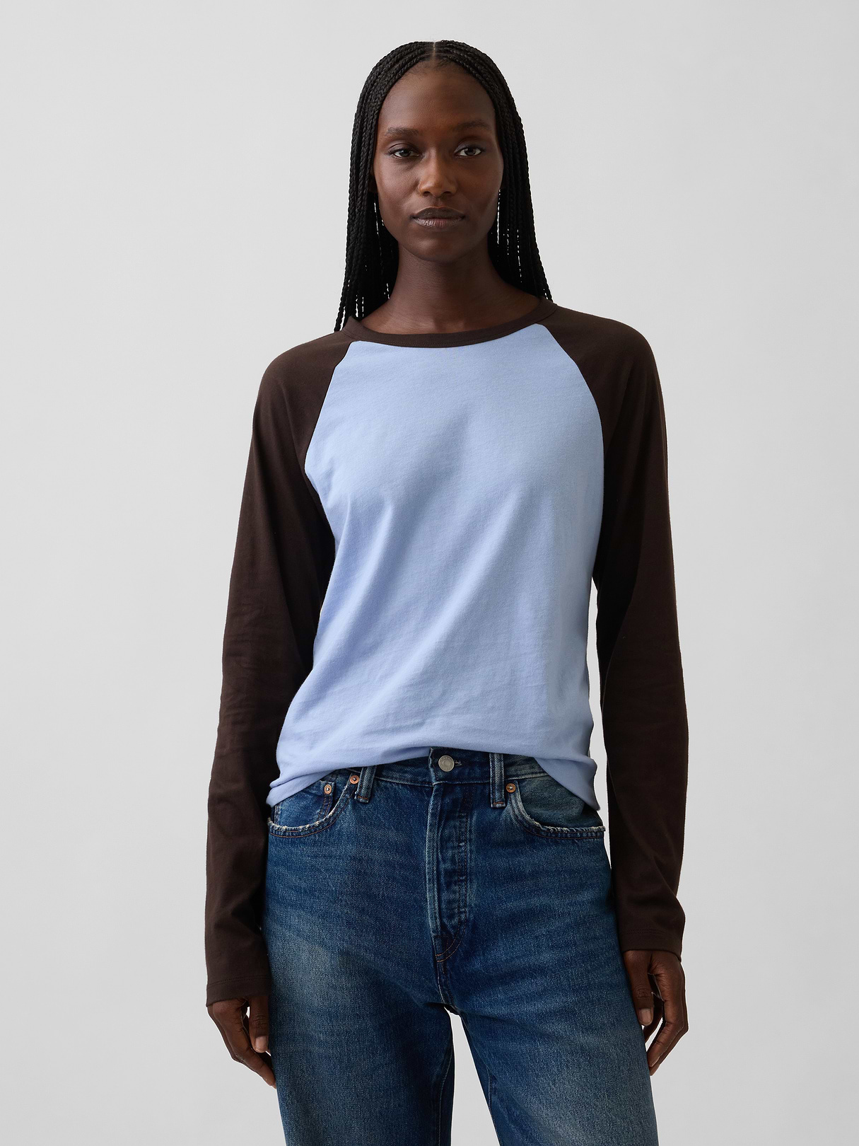 Organic Cotton VintageSoft Raglan T-Shirt - Air stream blue & terra brown