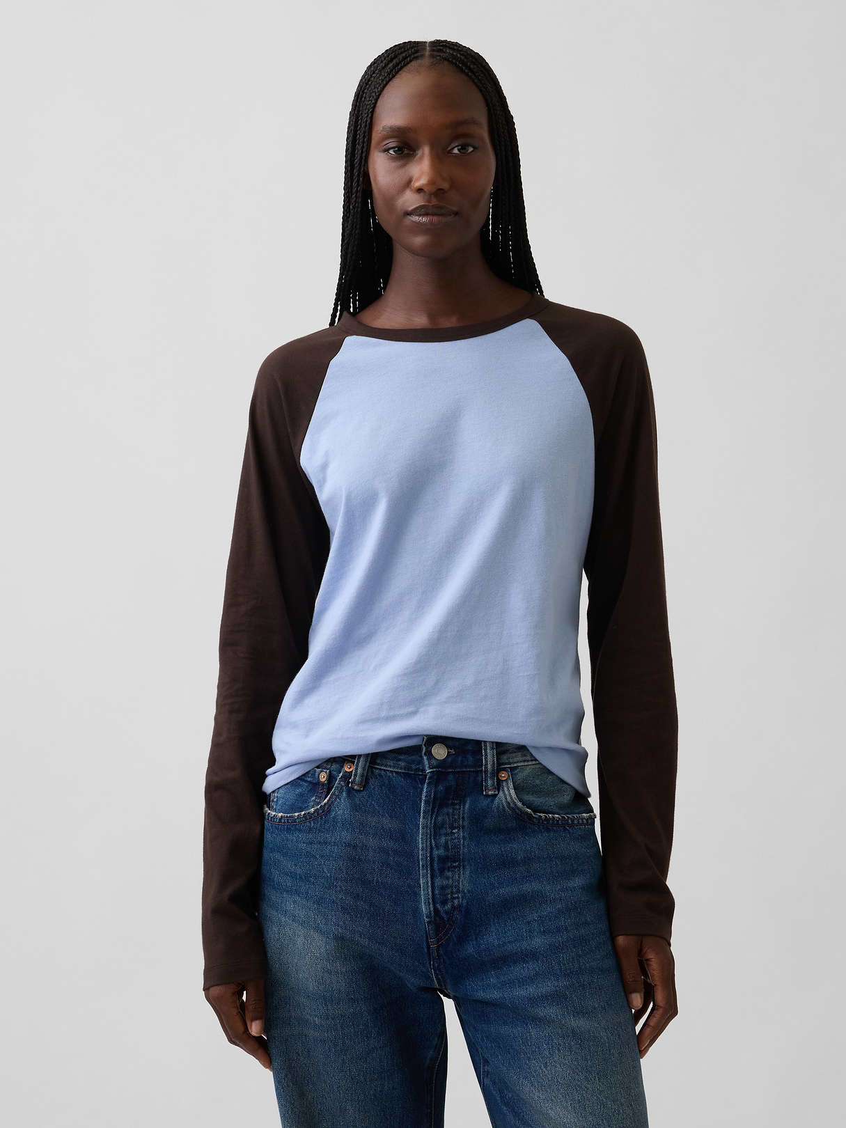 Organic Cotton VintageSoft Raglan T-Shirt - Air stream blue & terra brown