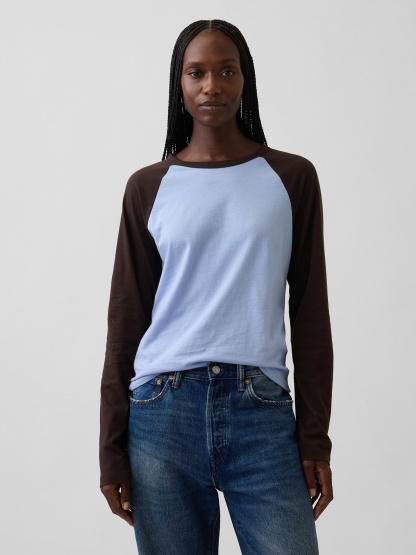 Organic Cotton VintageSoft Raglan T-Shirt - Air stream blue & terra brown