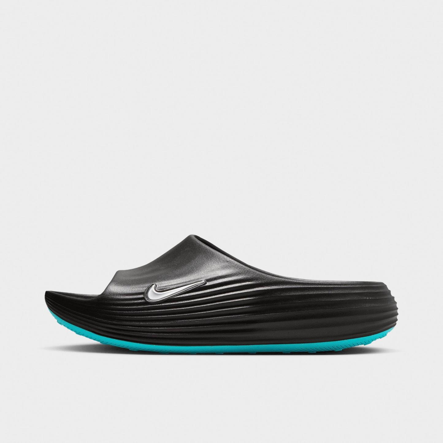 Men's Nithtke ReactX Rejuven8 Slide Sandals - Black/Gamma Blue/Metallic Silver - Left shoe facing left. Outside of the shoe.