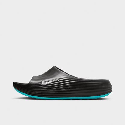 Men's Nithtke ReactX Rejuven8 Slide Sandals - Black/Gamma Blue/Metallic Silver - Left shoe facing left. Outside of the shoe.