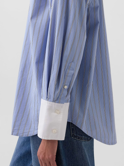 Organic Cotton Poplin Stripe Big Shirt - Light blue stripe
