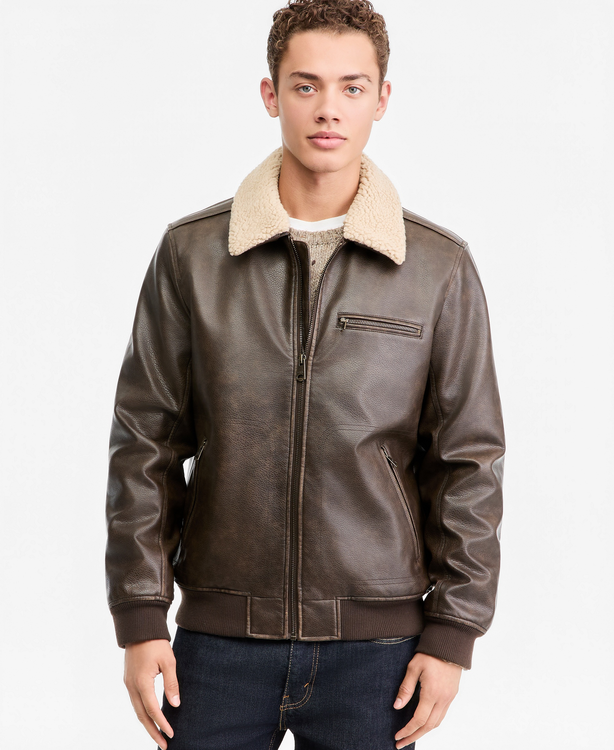 Levi's Men's Sherpa Collar Faux Leather Bomber Jacket - Brown
