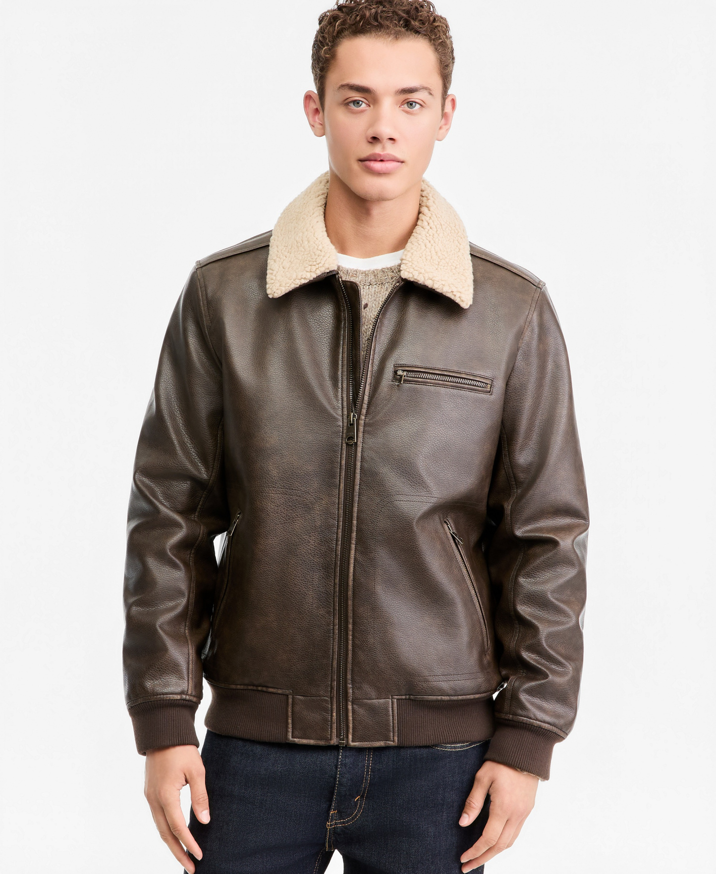 Levi's Men's Sherpa Collar Faux Leather Bomber Jacket - Brown