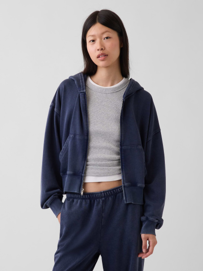 VintageSoft Terry Oversized Wedge Zip Hoodie - Tapestry navy blue wash