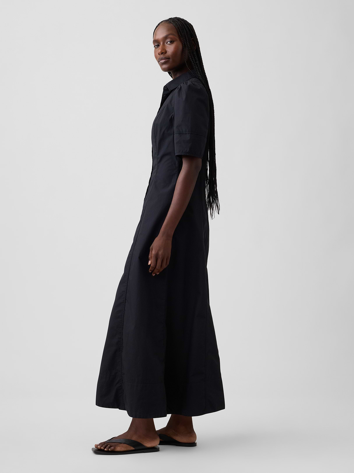 Barrel-Sleeve Maxi Shirtdress - True black