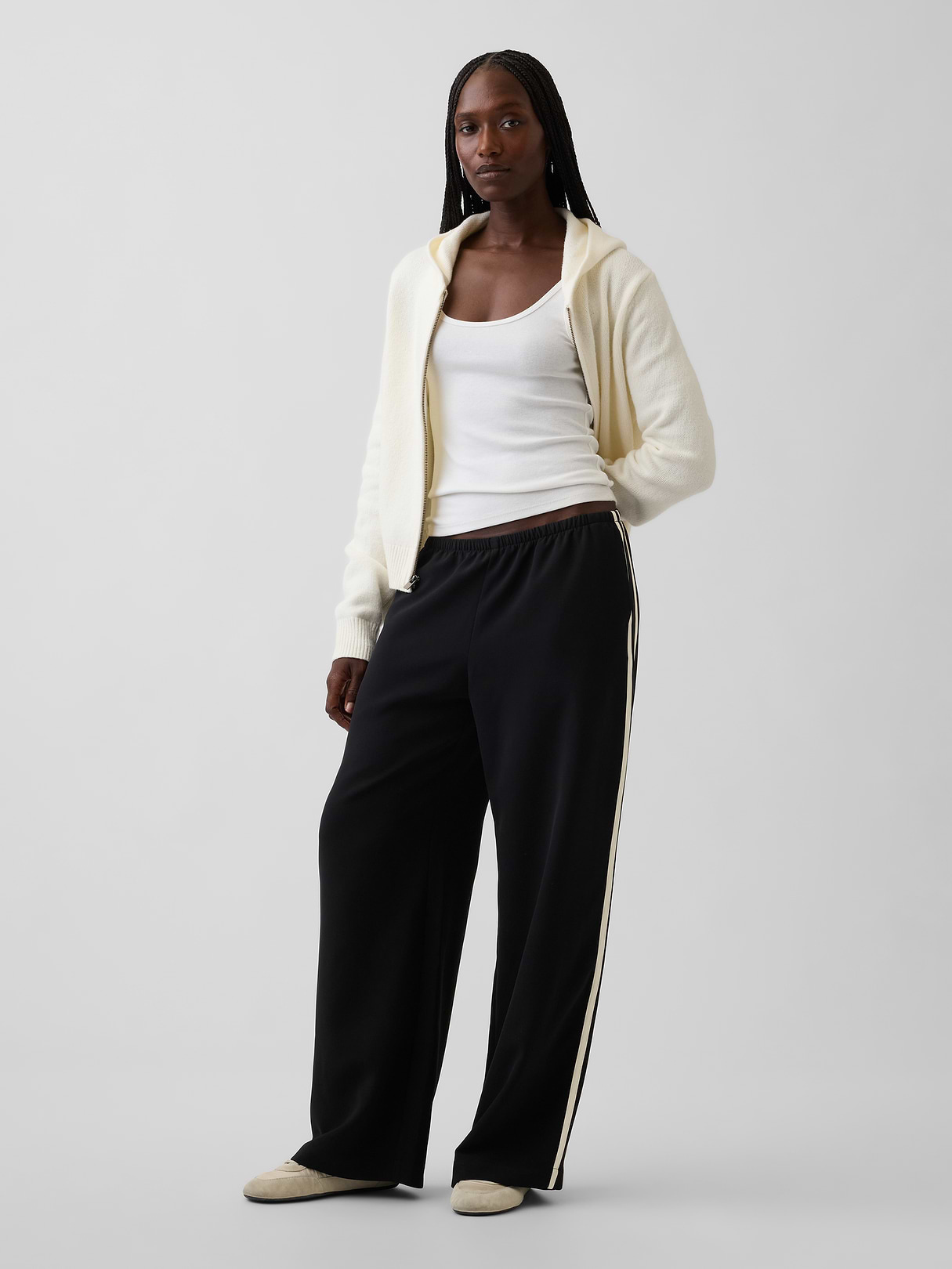 Easy Wide-Leg Pants - Black with off white stripe