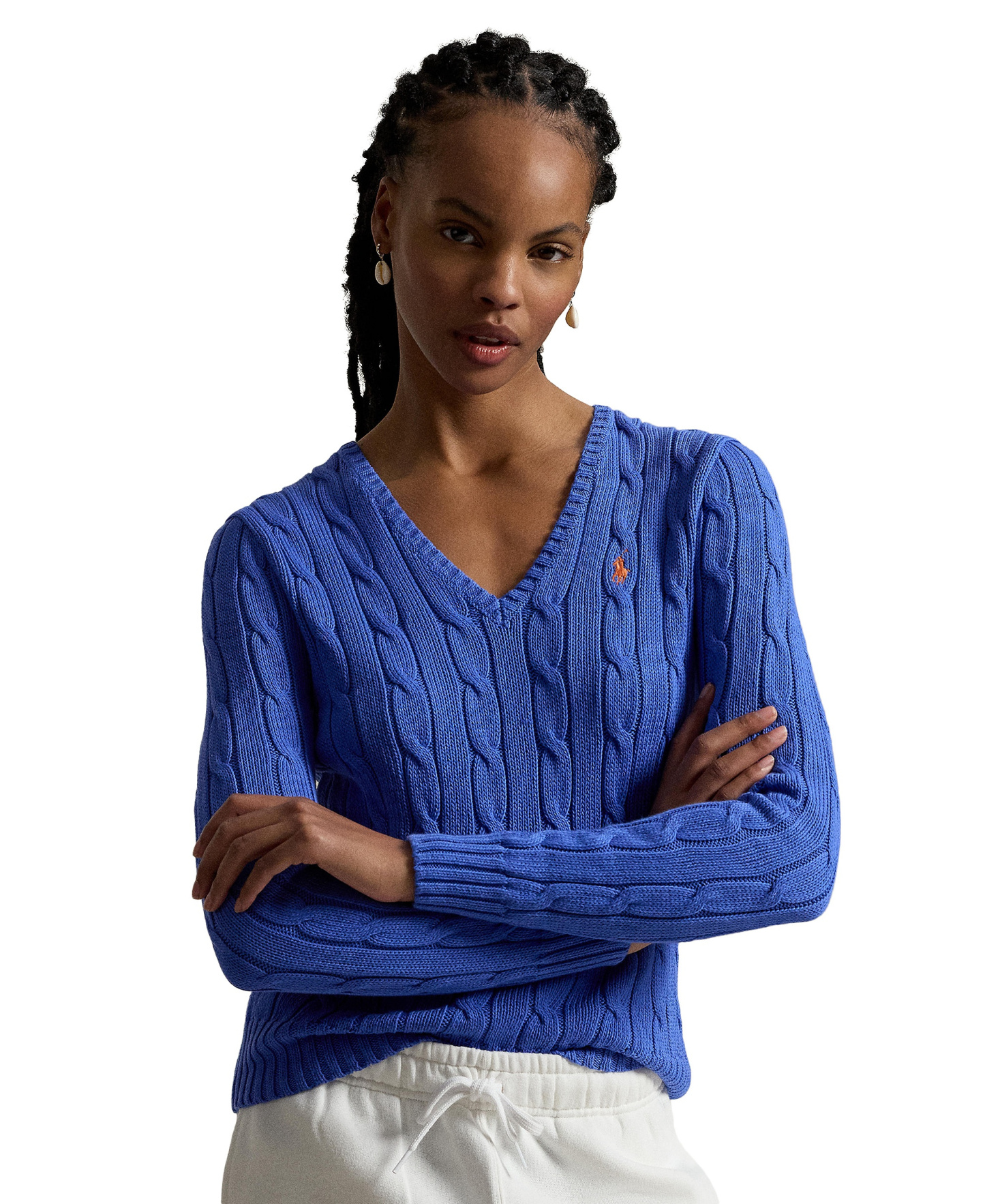 Polo Ralph Lauren Women's Cable-Knit Cotton V-Neck Sweater - Maidstone Blue