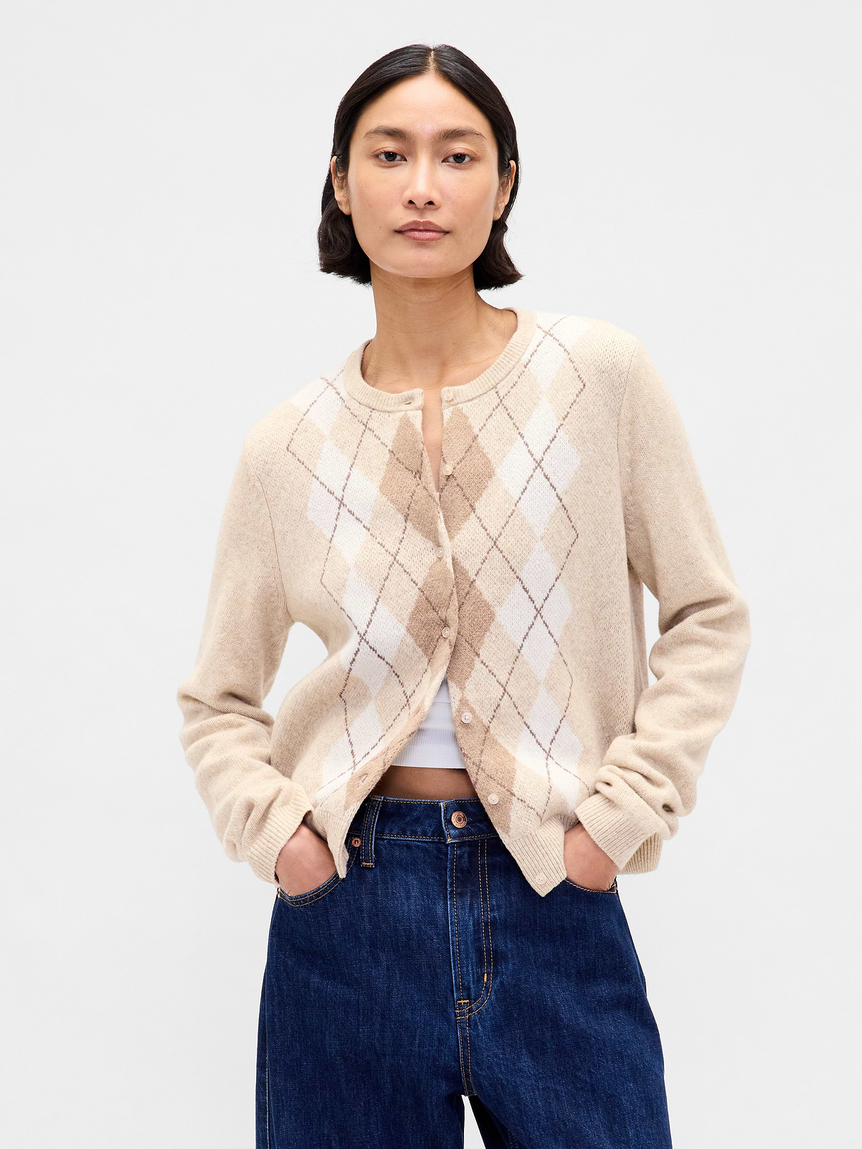 CashSoft Crop Cardigan - Winter beige argyle