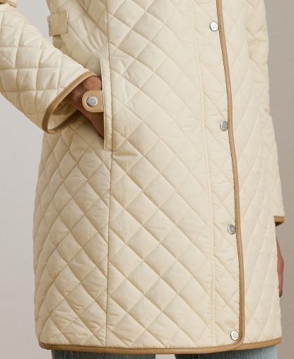 Lauren Ralph Lauren Womens Hooded Quilted Faux-Suede-Trim Coat - Moda cream