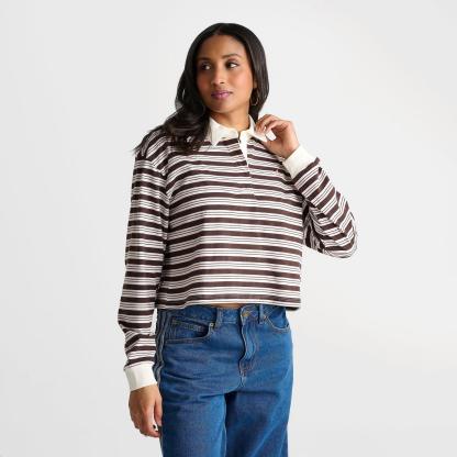 Women's adidas Originals Striped OVZD Long-Sleeve Polo T-Shirt - Aurora Coffee/Sandy Brown - view 3