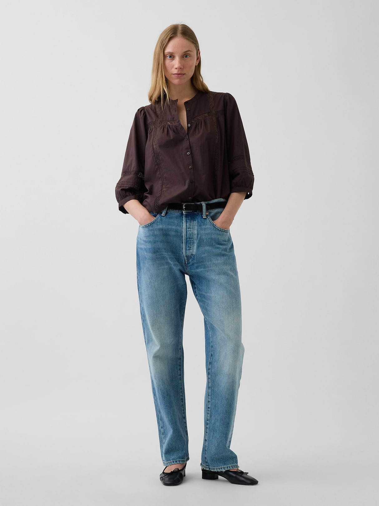 Lace-Trim Button-Front Swing Top - Terra brown