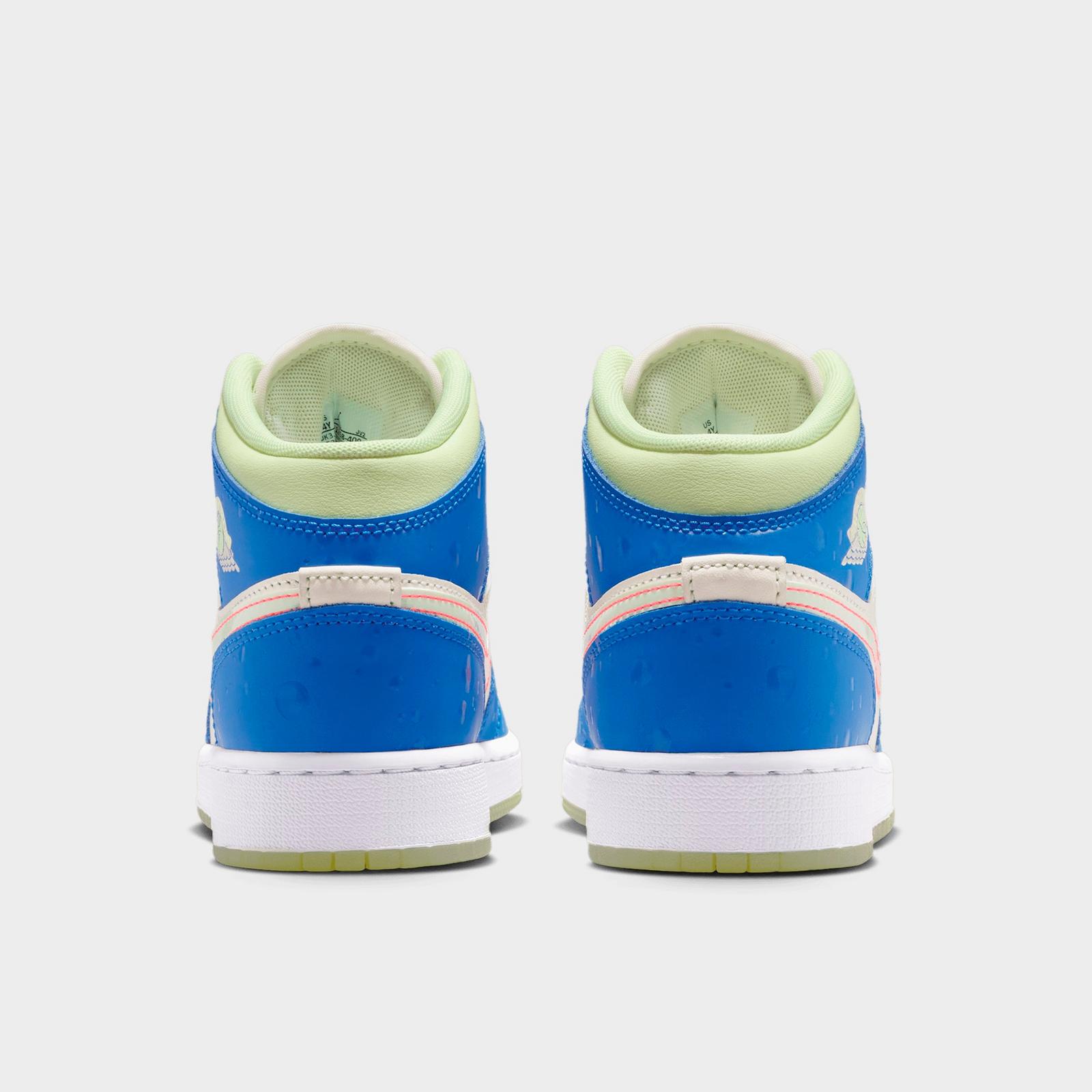 Big Kids' Air Jordan Retro 1 Mid SE Casual Shoes - Game Royal/Barely Volt/Infrared 23/Pale Ivory - Left shoe facing left. Outside of the shoe. - view 4