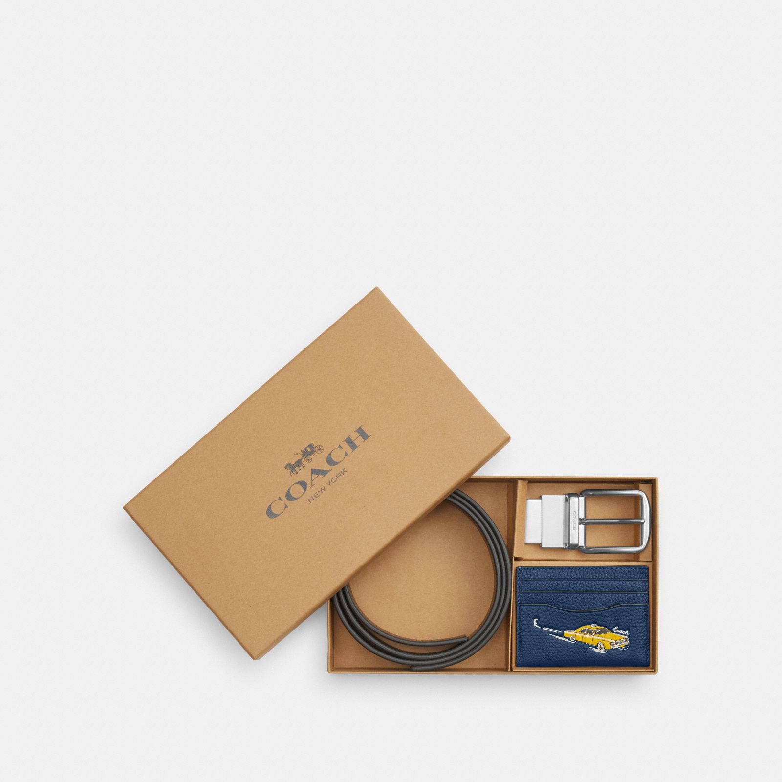 Boxed Card Case And Belt Set With Car Print - Silver/Deep Blue Multi - view 4