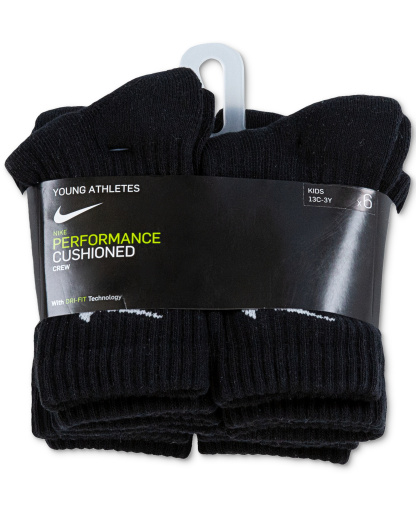 Nike Kids' 5-7 Performance Crew Socks, 6-Pack - Black