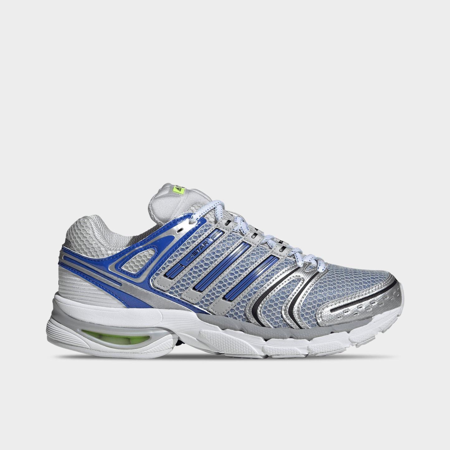 Men's adidas Adistar Control 5 Casual Shoes - Part 1 - Silver Metallic/Hi-Res Blue/Lucid Lemon - Left shoe facing left. Outside of the shoe.