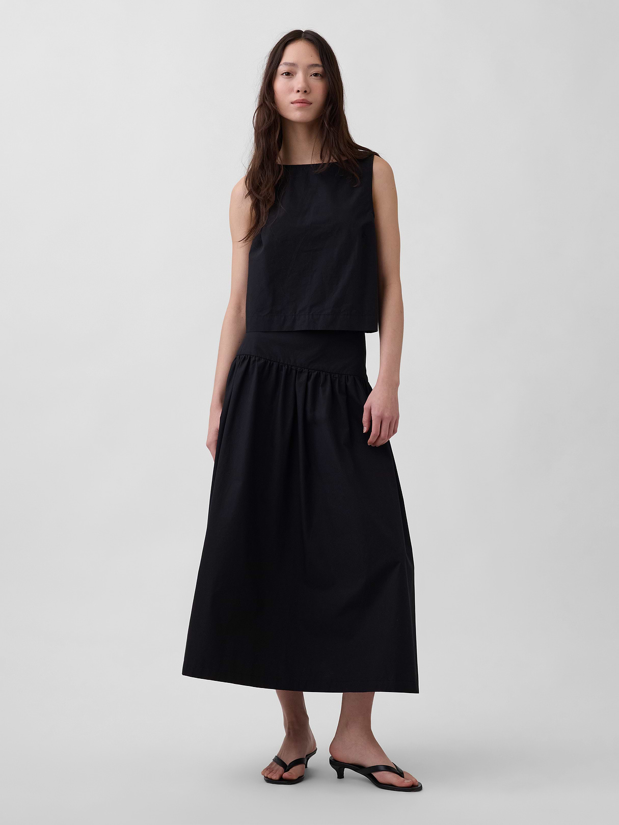 Poplin Drop-Waist Maxi Skirt - True black