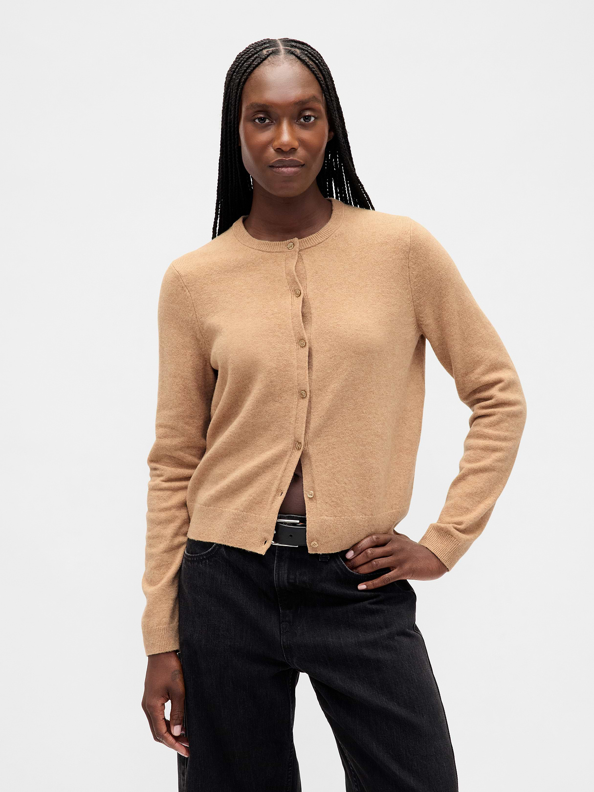 CashSoft Crop Cardigan - Camel tan heather