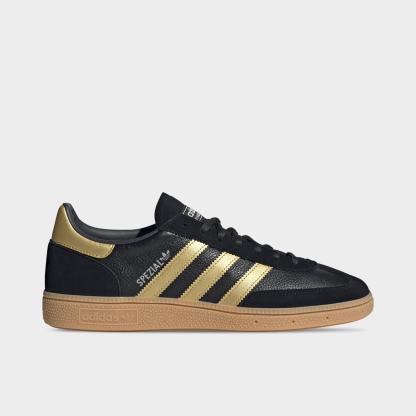 Men's adidas Originals Handball Spezial Casual Shoes - Part 2 - Core Black/Matte Gold/Carbon - Left shoe facing left. Outside of the shoe.