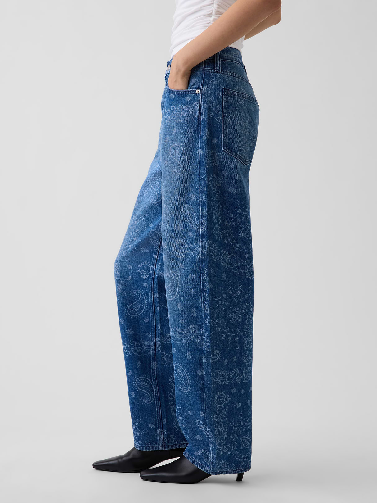 High Rise Barrel Cargo Jeans - Blue bandana print