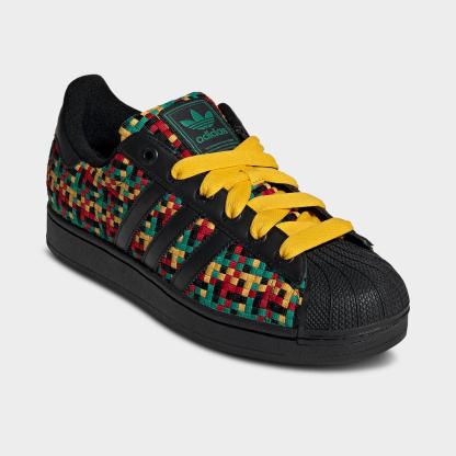 Men's adidas Originals x Bob Marley Superstar II Casual Shoes - Eqt Yellow/Core Black/Multi - Both shoes facing left