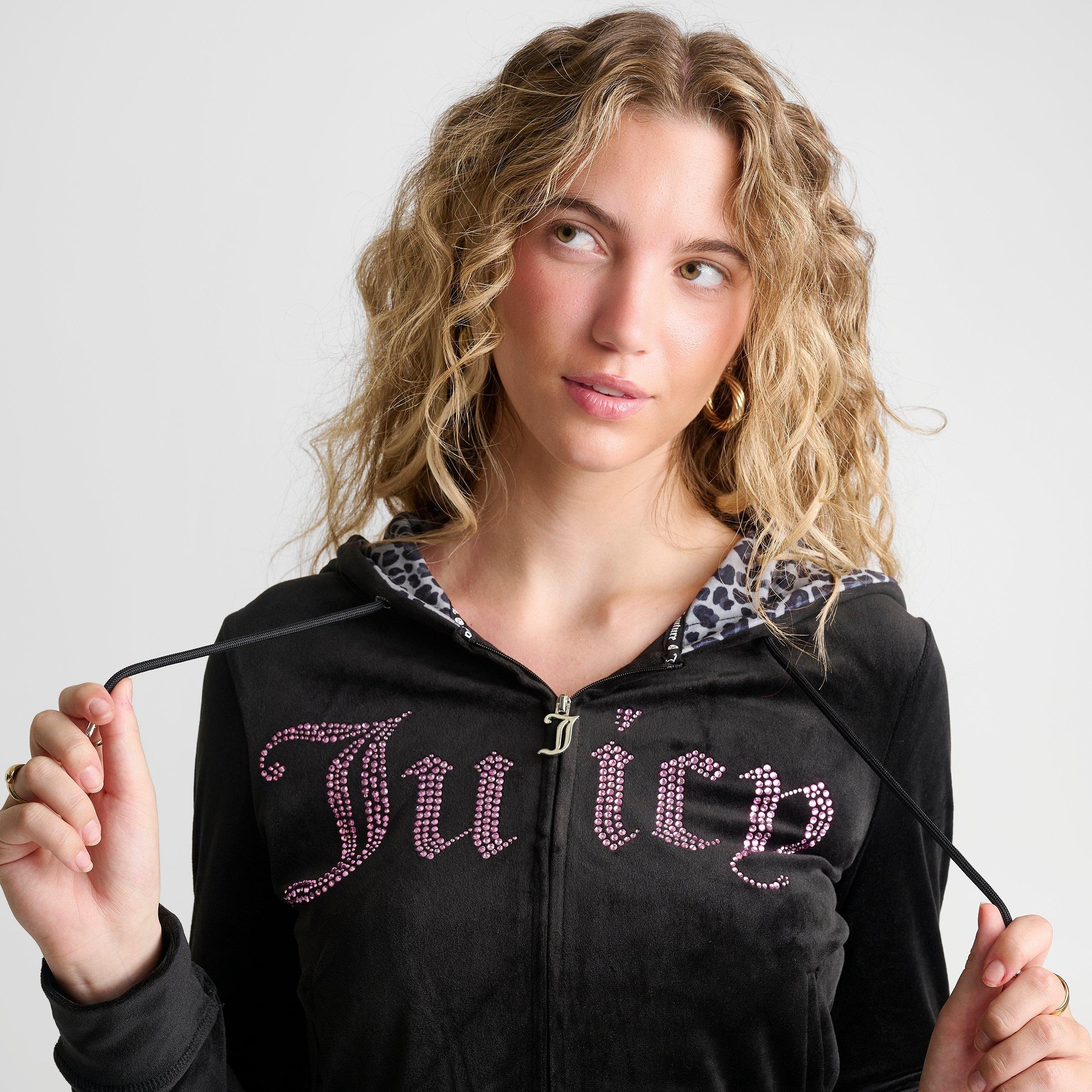 Women's Juicy Couture Bling Front Leopard Print Full-Zip Hoodie - Black/Leopard