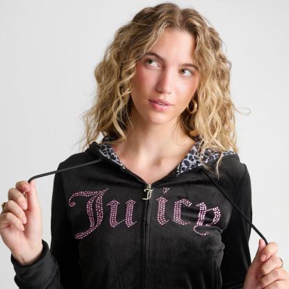 Women's Juicy Couture Bling Front Leopard Print Full-Zip Hoodie - Black/Leopard