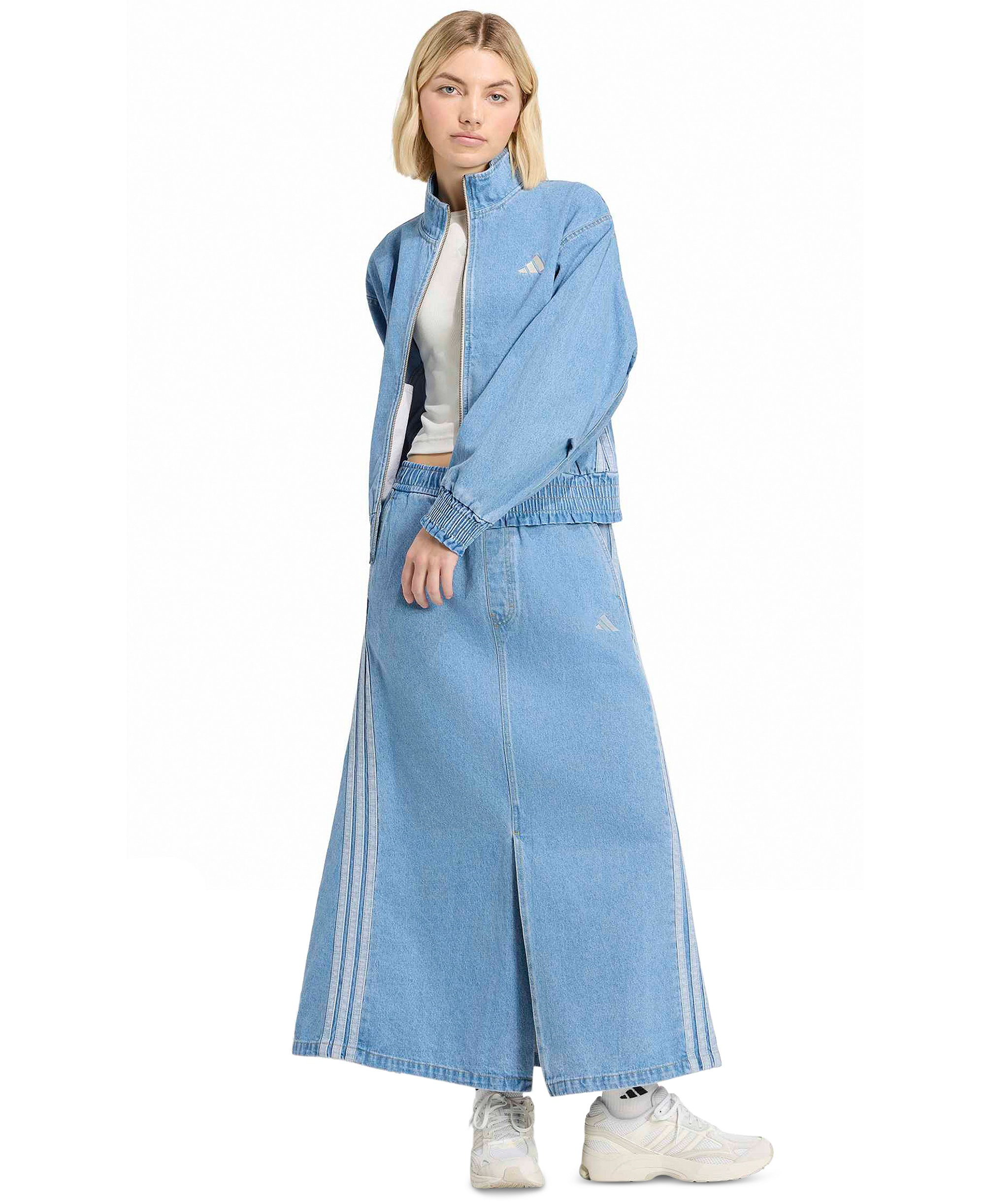 adidas Women's Stadium Washed Denim Bomber Loose-Fit Jacket - Crystal Sky