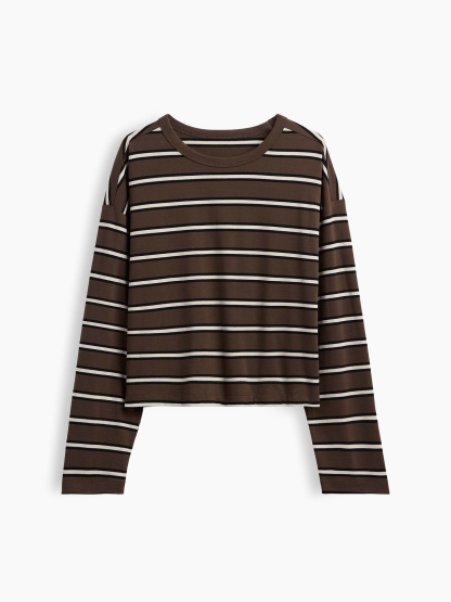 Knit Oversized Crop T-Shirt - Brown & off white stripe