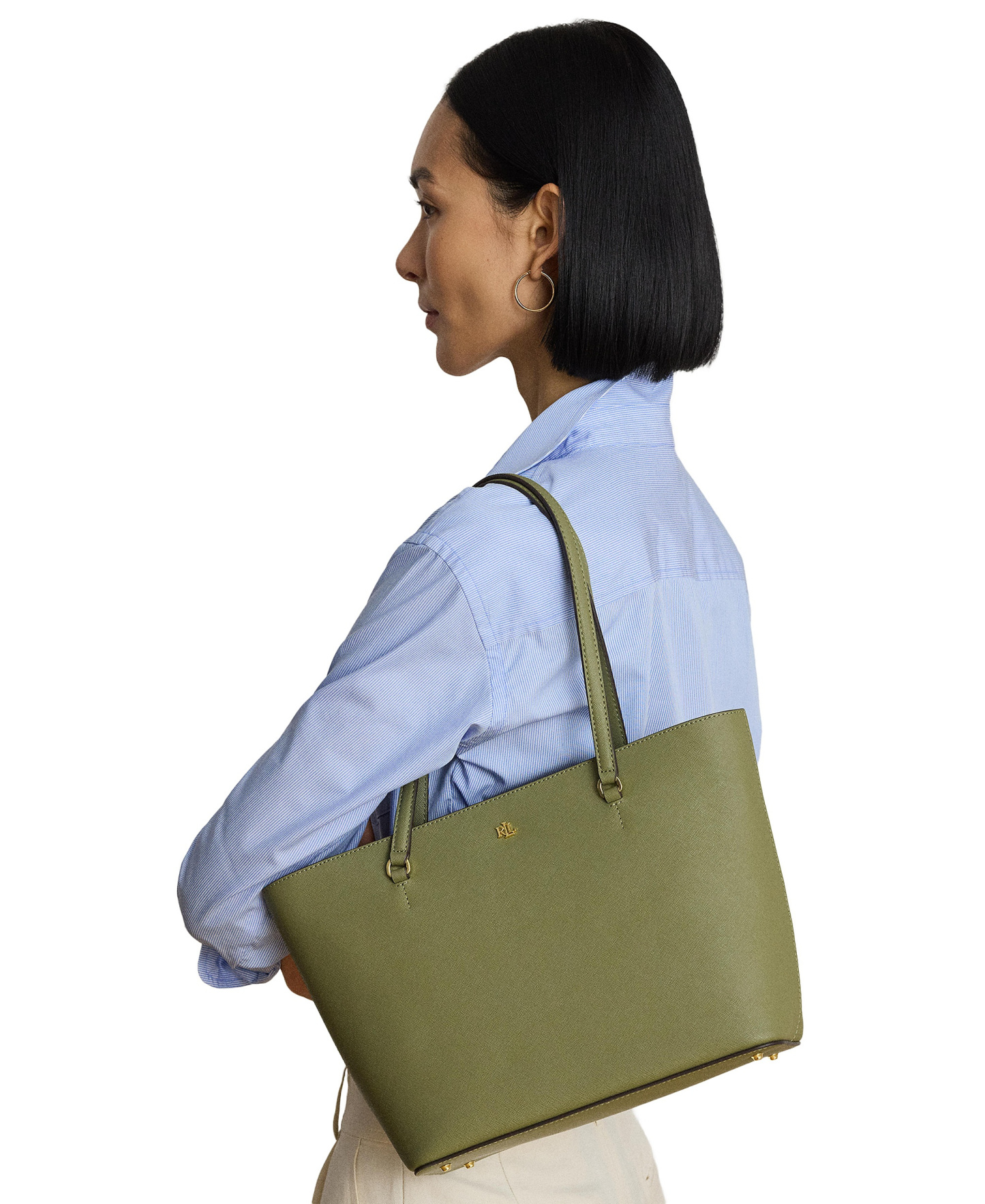 Lauren Ralph Lauren Crosshatch Leather Karly Medium Shopper Tote Handbag - Sage Green