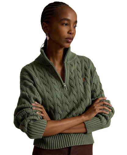 Polo Ralph Lauren Women's Cable-Knit Cotton Quarter-Zip Sweater - Dense Olive