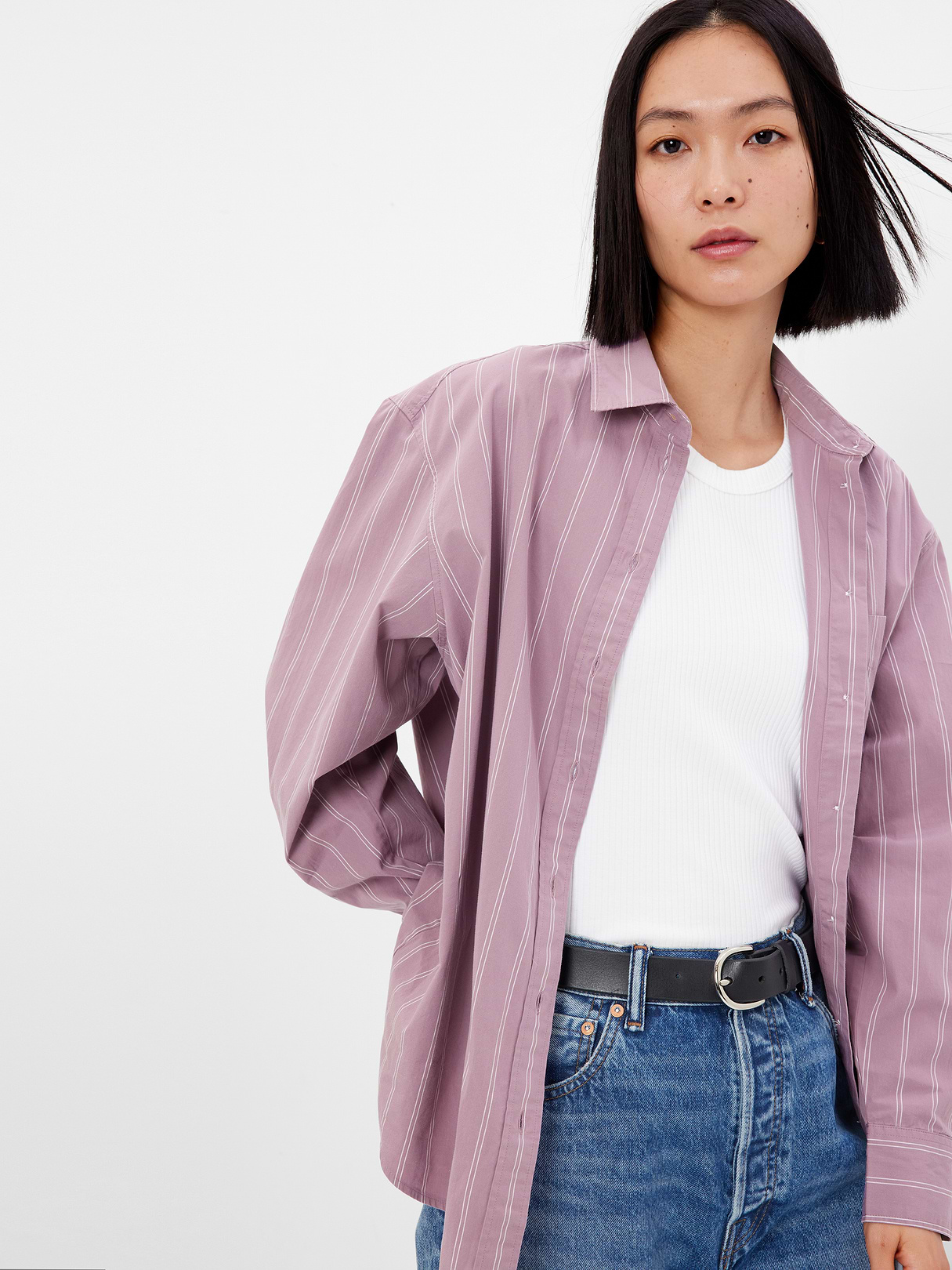 Organic Cotton Poplin Stripe Big Shirt - amethyst purple stripe
