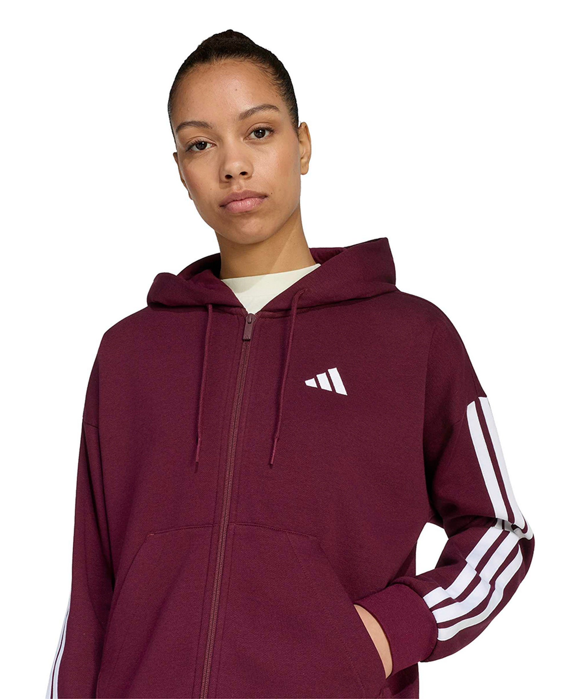adidas Women's 3-Stripe Fleece Full-Zip Hoodie - Maroon/white
