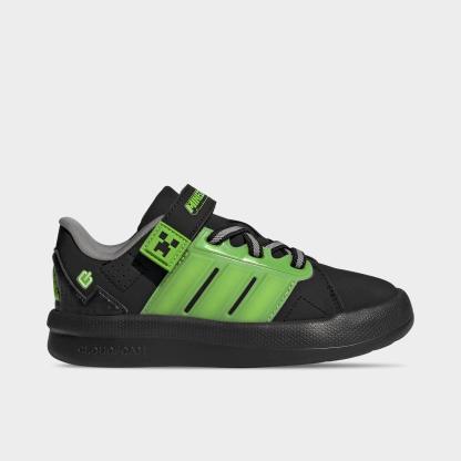 Little Kids' adidas x Minecraft Lightorama Court Stretch Lace Hook-And-Loop Casual Shoes - Core Black/Cloud White/Charcoal Solid Grey - Left shoe facing left. Outside of the shoe.