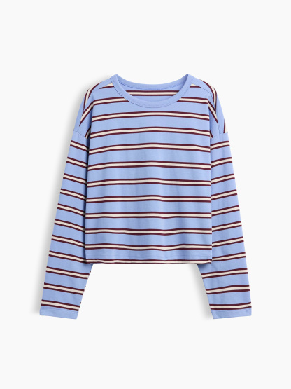 Knit Oversized Crop T-Shirt - Blue & purple burgundy stripe