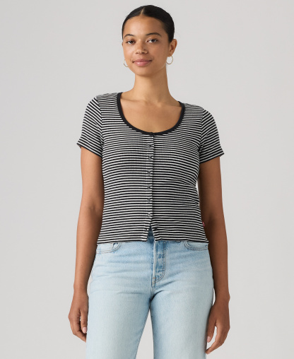 Levi's Women's Austen Button-Up Short-Sleeve Top - Annalise Stripe Anthracite Night Egret
