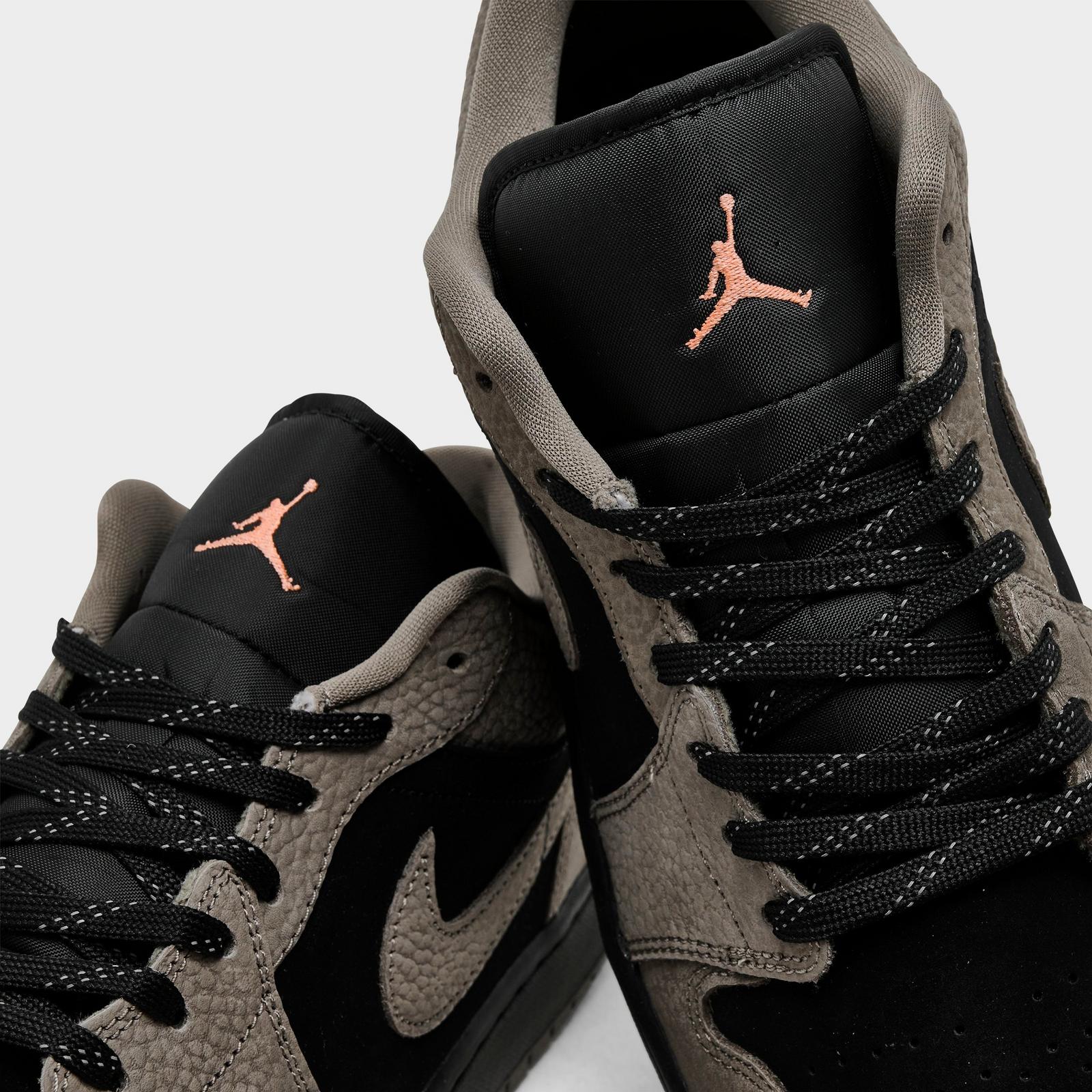 Men's Air Jordan Retro 1 Low SE Casual Shoes - Black/Olive Grey/Light Wild Mango - Left shoe facing left. Outside of the shoe. - view 3