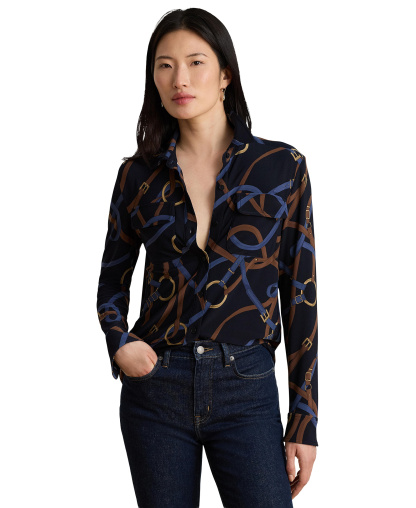 Lauren Ralph Lauren Women's Belting-Print Stretch Jersey Shirt - Navy Multi