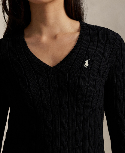 Polo Ralph Lauren Women's Cable-Knit Cotton V-Neck Sweater - Polo Black/White